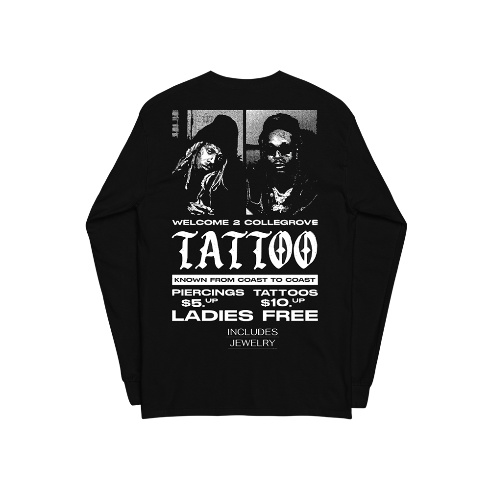 Collegrove Tattoo Long Sleeve T-Shirt on Black - LIL WAYNE Collegrove Tattoo Long Sleeve T-Shirt on Black - LIL WAYNE